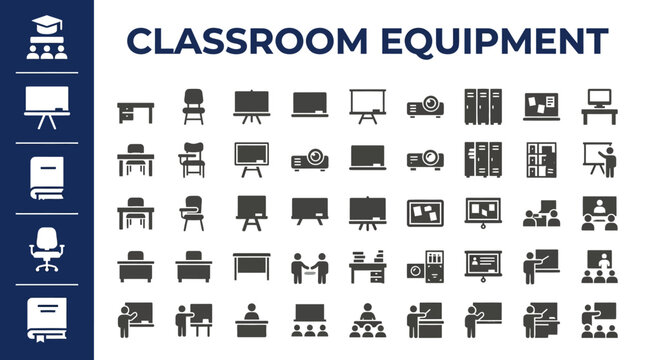 Collection of metro design icons representing various classroom equipment and school supplies