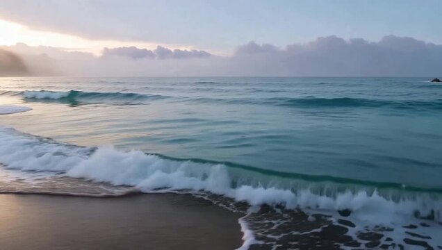 Ocean Waves Rolling Onto Sandy Beach During Calm Coastal Sunset