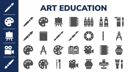 Fototapeta premium Creative arts education icons for school, workshops, and artistic endeavors, showcasing supplies and instruments for visual arts learning