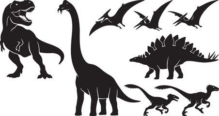 Dinosaur Silhouettes Collection, Prehistoric Reptile Vector Icons, Jurassic Era Creatures, Tyrannosaurus Rex, Brontosaurus, Pterodactyl, Stegosaurus, Velociraptor, Ancient Wildlife Graphics © Farid