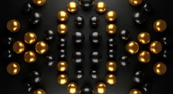 Spherical pattern; gold and black balls create symmetric, symmetrical design