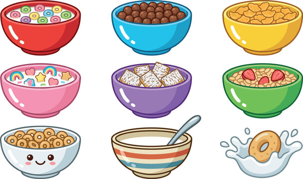 Breakfast Cereal Bowl Vector Icon Set Featuring Cornflakes Oatmeal Chocolate Balls Loops Marshmallows and Milk Splash for Cafe Menus and Food Designs