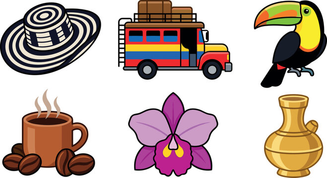 Colombia Culture and Tourism Vector Icon Set Featuring Sombrero Vueltiao Chiva Bus Toucan Coffee Orchid and Traditional Pottery for Travel Designs