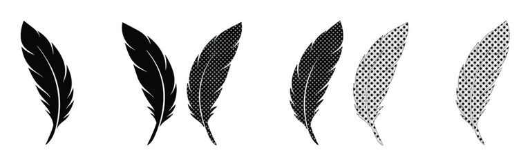 Black feather silhouettes and halftone bird plumes, set of 6 vector icons, elegant quill pen elements for logo design and branding © Jemie
