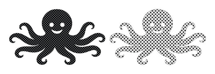 Cute octopus vector icons with halftone pattern, smiling sea creature character set, black and white aquatic animal illustrations for children © Jemie