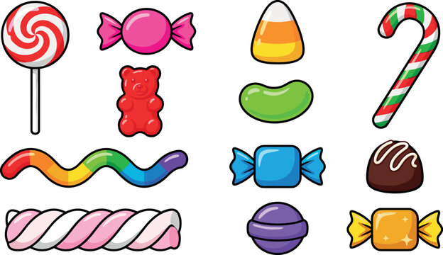 Sweet Candy and Confectionery Vector Icon Set with Lollipop Gummy Bear Candy Corn Marshmallow and Chocolate for Birthday Party and Dessert Designs