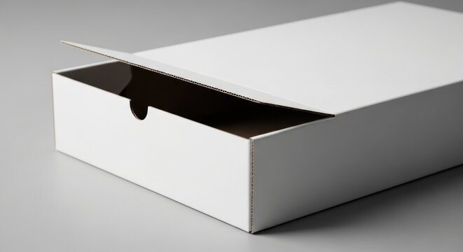 White rectangular box, partially open lid revealing interior, against gray backdrop
