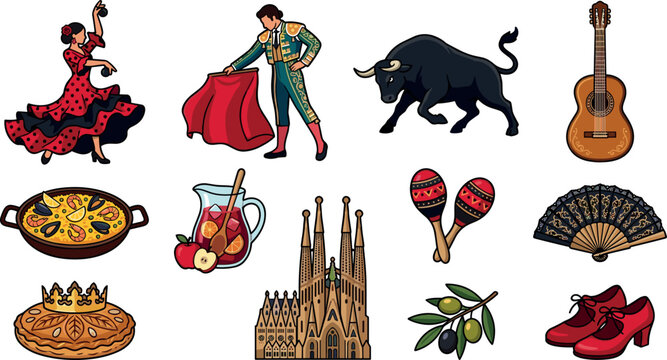 Spanish Culture and Traditions Vector Illustration Set Featuring Flamenco Dancer Matador Bull Paella Sagrada Familia and Sangria for Travel Graphics