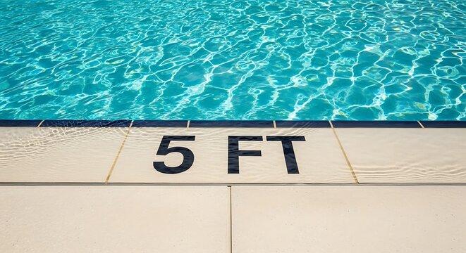 A closeup view of a swimming pool edge with a depth marker indicating 5 feet
