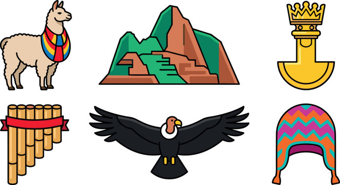 Peru and Andean Culture Vector Icon Set Featuring Llama Machu Picchu Tumi Condor Panpipes and Chullo Hat for South American Travel Designs