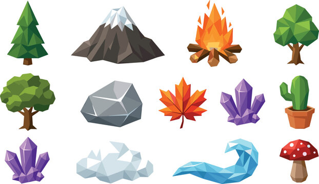 Low Poly Nature Asset Vector Set Featuring Mountain Trees Campfire Crystals and Environment Elements for Video Game Design and Digital Art