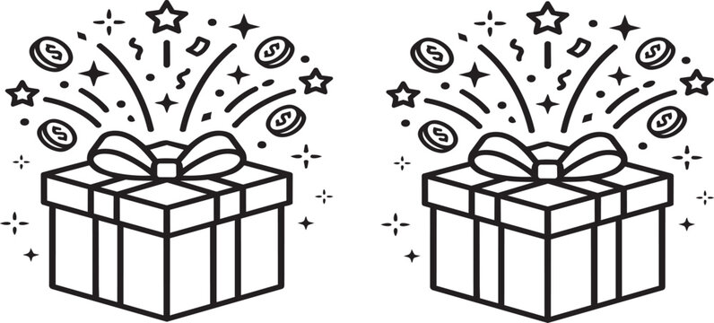 Stylized vector illustration of a festive gift box exploding with flying money on transparent background