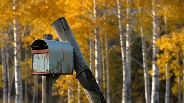 Rustic Mailbox Against Autumn Birch Tree Forest
