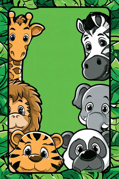 Cartoon jungle animals peeking from leafy vertical border