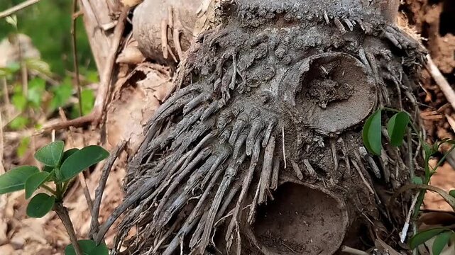 Close up footage of static dark bamboo roots and textured wood knots at the plant base under natural light.