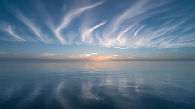 Serene Ocean Horizon with Wispy Sunset Clouds