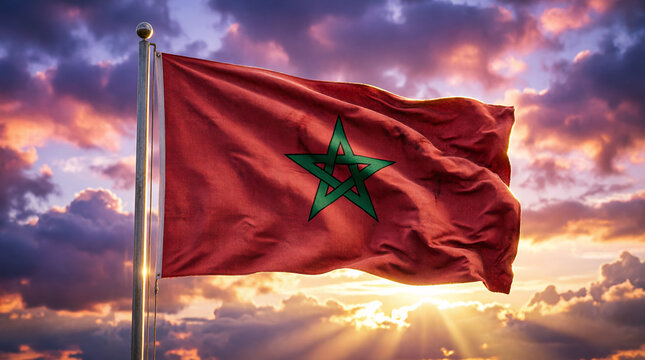 Moroccan National Flag Waving at Sunset, Dramatic Cinematic Patriotic Country Symbol