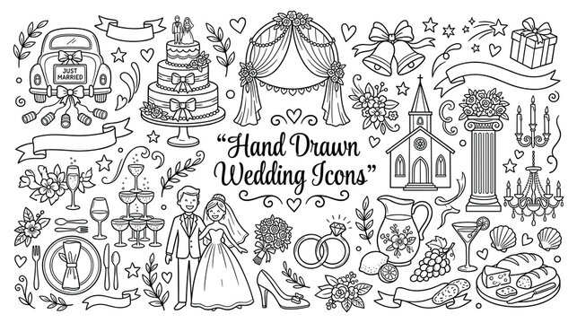Hand drawn wedding icons and elements collection.
