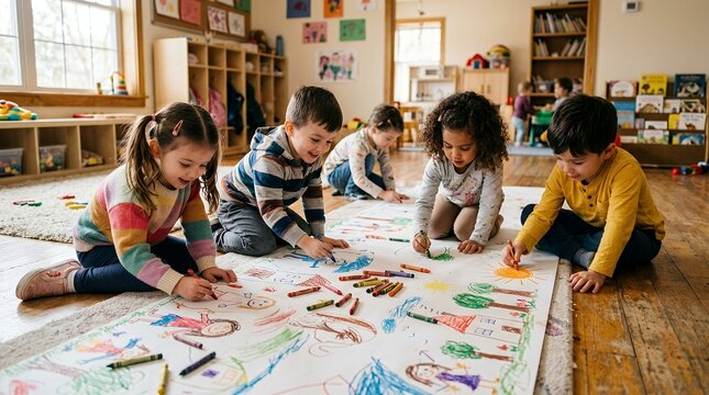 Diverse group of young children happily drawing and coloring together on a large paper roll in a bright classroom setting, fostering creativity and collaboration.