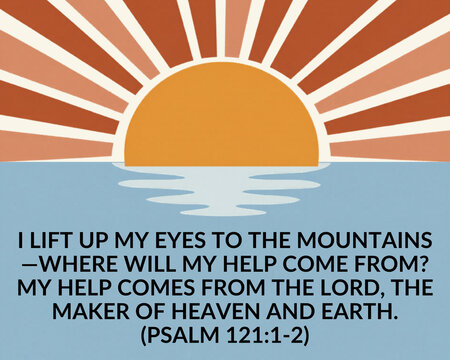 Em ingl&ecirc;s (Recomendado para maior alcance global):
Minimalist boho vector illustration of a rising sun over the sea with sunbeams in terracotta tones. Features the  biblical verse from Psalm 121