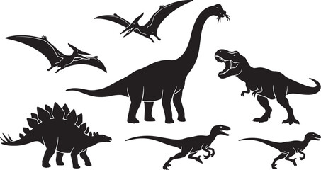 Silhouette Dinosaur Collection, Prehistoric Reptile Vector Icons, Jurassic Era Creatures, Tyrannosaurus Rex, Brontosaurus, Pterodactyl, Stegosaurus, Velociraptor Graphics © Farid