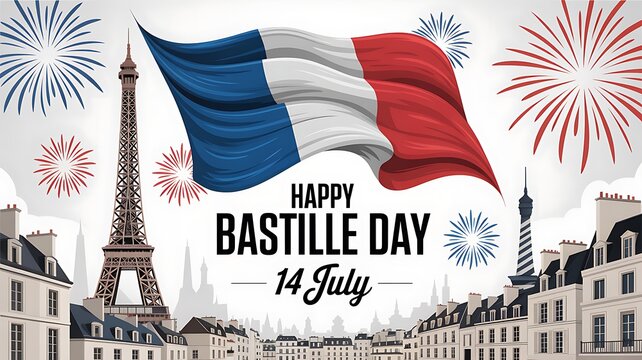 Happy bastille day with french flags and fireworks