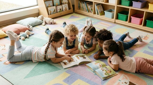 A group of diverse young children lying on a colorful rug, engrossed in reading a storybook together in a bright classroom or playroom setting.