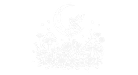 Fototapeta premium Whimsical Fairy Sitting on Crescent Moon Above Enchanted Forest with Mushrooms and Flowers
