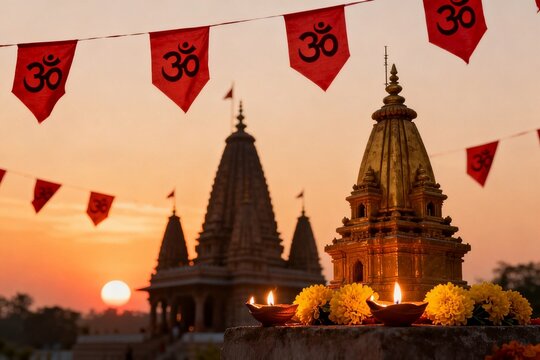 Sunset at Hindu Temple with Om Flags and Diwali Candles