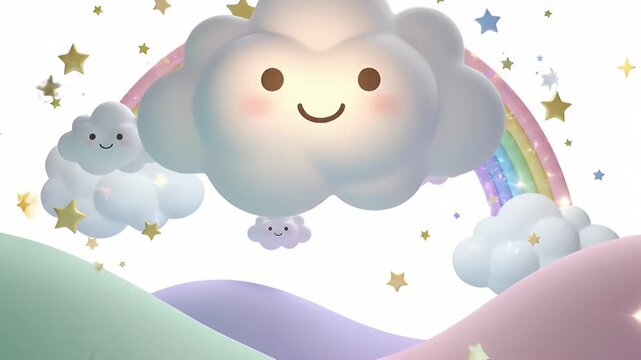 Playful pastel cloudscape with smiling cartoon clouds above rolling multicolored hills