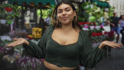 Obraz premium Woman shrugs hands, exposed chest at a bustling street flower market while smiling and posing amid bouquets; playful ease.