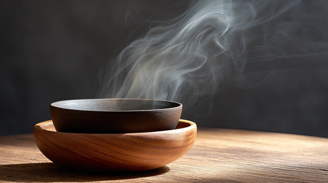 Steaming Dark Bowl Inside Wooden Bowl