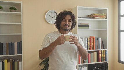 Man holding a coffee cup and sipping with both hands in a building office near bookshelves and a wall clock  contentment. © Krakenimages.com
