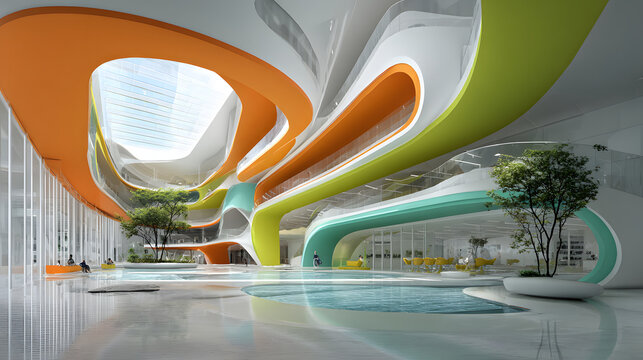 Futuristic pediatric hospital colorful minimal design dae bright atrium with curved walkways and indoor trees, playful organic architecture with pools and natural light evoking calm and joy