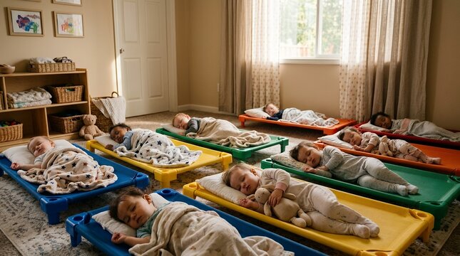 A group of young children napping peacefully on colorful cots in a bright daycare room during rest time.