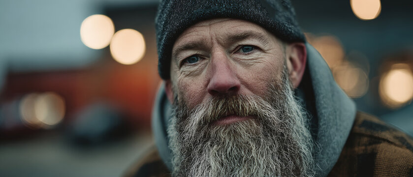 A rugged bearded man in a knit cap gazes intensely with a blurred urban background, evoking themes of resilience and aging.