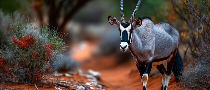 A majestic oryx stands alert on a dusty red path, framed by vibrant shrubbery in a natural background, symbolizing wildlife conservation.