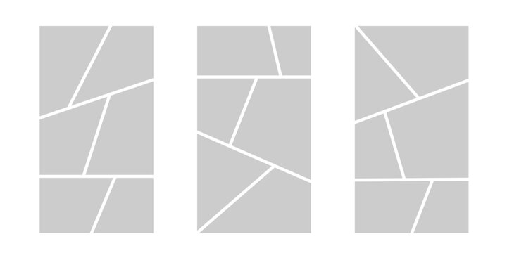 Image collage layout template. Grey mosaic mood board grid collection. Picture frame set. Photo album idea for banner, poster, comic page, flyer, brochure, booklet, memory wall design. Vector pack