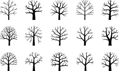 Collection of bare tree branch silhouettes and winter plants vector icons isolated on a white background © MdAlamgir