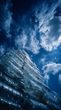 A towering stack of discarded plastic bottles rises against a cloudy blue sky background, highlighting the severe issue of pollution and waste accumulation.