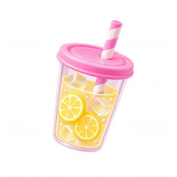 3D image of lemon lemonade drink in pink plastic cup with straw and ice cubes isolated