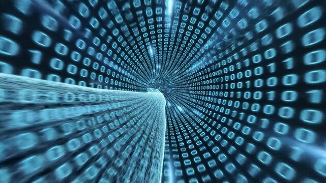 Futuristic Binary Data Tunnel with Glowing Blue Digits Swirling in a Digital Vortex ideal for Cybersecurity and Big Data Technology Backgrounds.