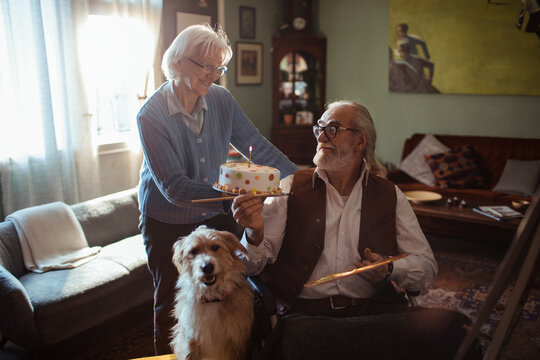 Senior couple celebrating birthday with cake at home