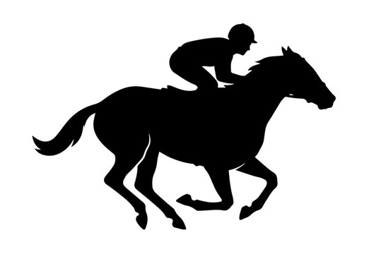 Jockey riding galloping racehorse side view black silhouette vector illustration