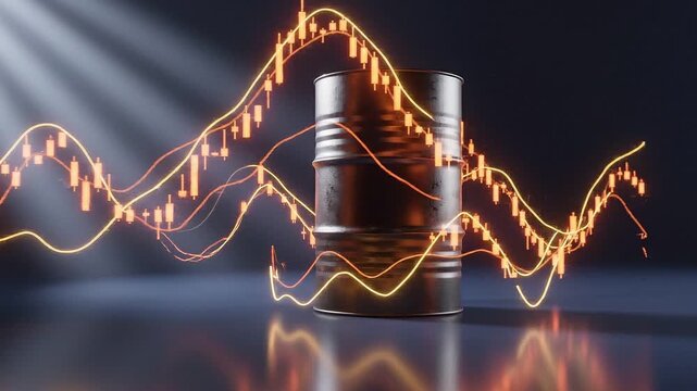 Crude Oil Barrel with Fluctuating Glowing Stock Market Candlestick Charts