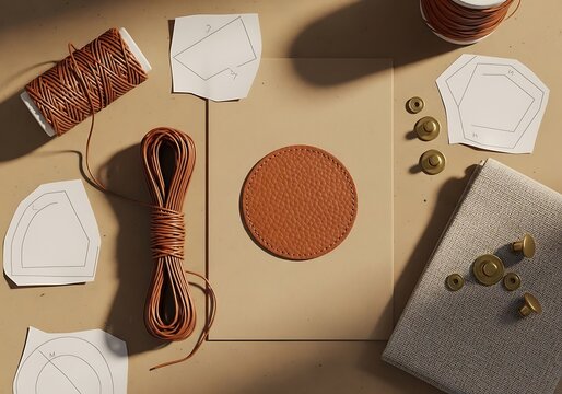 Circle leather patch project layout featuring tan cowhide leather, paper patterns, copper cording, and metallic rivets for DIY custom fashion accessory