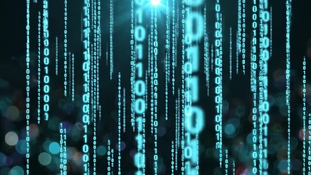 Futuristic Binary Code Rain with Glowing Blue Digital Numbers Falling on Dark Background, Ideal for Cybersecurity and Tech-Themed Video Backgrounds.