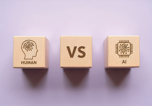 Wooden blocks comparing human brain and artificial intelligence on purple background