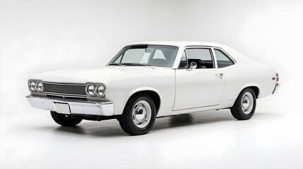 Naklejka premium Modern White American Muscle Sedan - Sleek Four-Door Sports Car Parked in a Bright Studio with Copy Space, Perfect for Automotive Industry, Rental Services, and Fleet Advertising