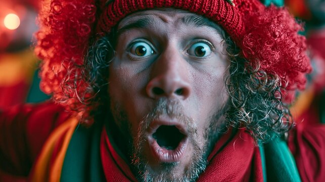 Closeup of a Portugal football fan in red expressing stunned amazement as the national striker dominates the game by scoring a spectacular hattrick.